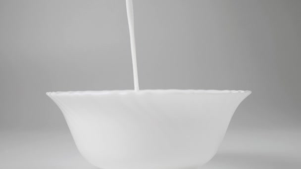 Pure Farm Milk Pours Splashes White Bowl Slow Motion Close — Stock Video