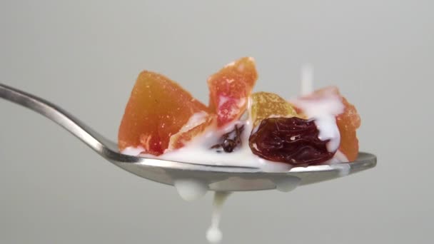 Milk Poured Spoonful Dried Chopped Fruits Berries Slow Motion Macro — Stock Video