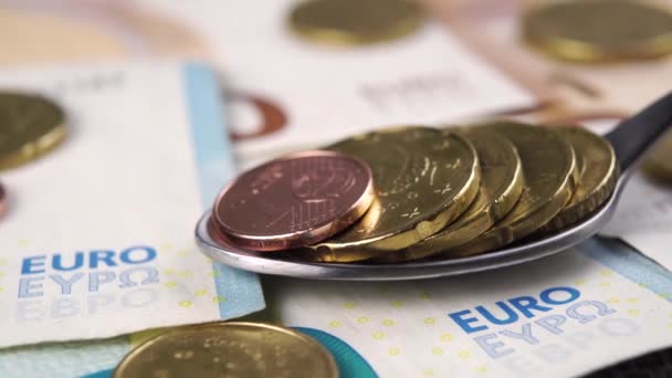 Full Spoon Euro Coins Banknotes Close European Bills Macro Dolly — Stock Video