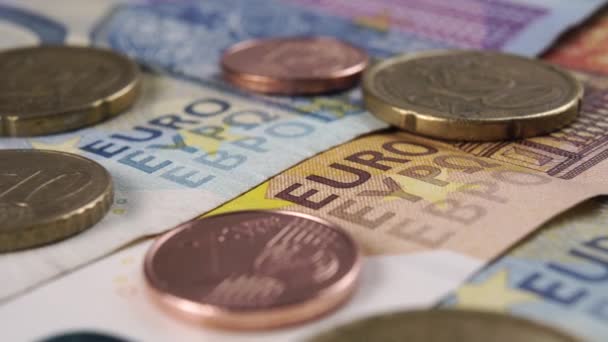 Notas Moedas Euro Textura Macro Dinheiro Dinheiro Europeu Dolly Atirou — Vídeo de Stock