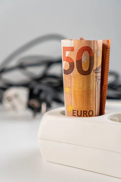Billetes Europeos Cincuenta Euros Una Franja Potencia Blanca Dinero Símbolo — Foto de Stock