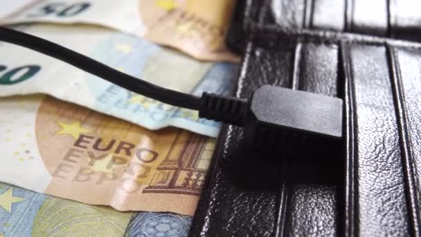 Usb 케이블 플러그는 지폐와 지갑에 매크로 아이디어 — 비디오
