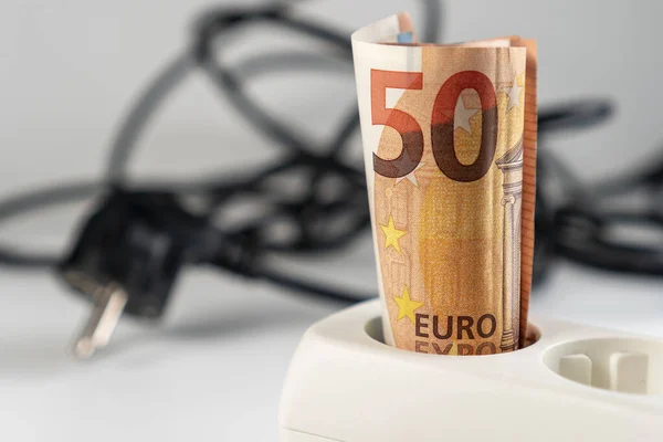 Billete Euros Está Conectado Una Banda Eléctrica Primer Plano Toma — Foto de Stock