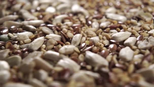 混合干种子关闭 谷物混合物 宏观射击 奇亚和南瓜 健康饮食产品 — 图库视频影像