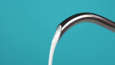 Süt, renkli mavi arkaplandaki metal çaydanlıktan çıkan dar bir ağızdan yavaş çekimde akıyor. Makro atış. Süt ürünü konsepti
