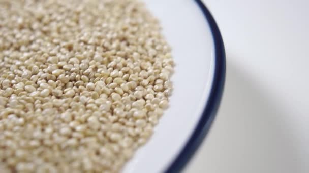 Rauwe Quinoa Zaden Een Witte Plaat Met Een Blauwe Rand — Stockvideo