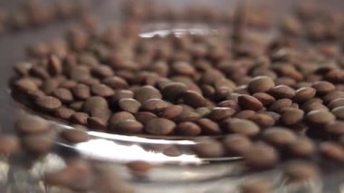 Çiğ kahverengi mercimek parlak bir tabağın üzerine düşüyor. Makro atış. Döndürme. Sağlıklı gıda konsepti