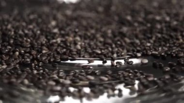 Salvia Hispanica tohumları bir tabakta döner. Chia taneleri. Makro çekim