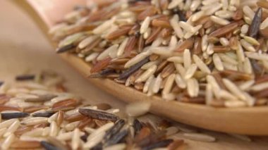 Karışık basmati integral pirinç ağır çekimde tahta bir kaşıkta yığının içine düşer. Makro. Asyalı karışımı. Vahşi siyah, kırmızı, yeşil ve beyaz