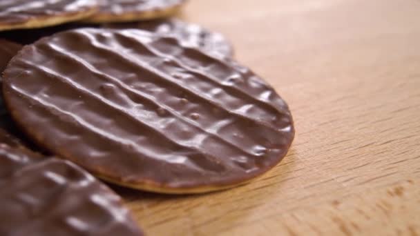 Chocolate Covered Biscuits Wavy Checkered Cookies Wooden Surface Macro Dolly — Stock Video