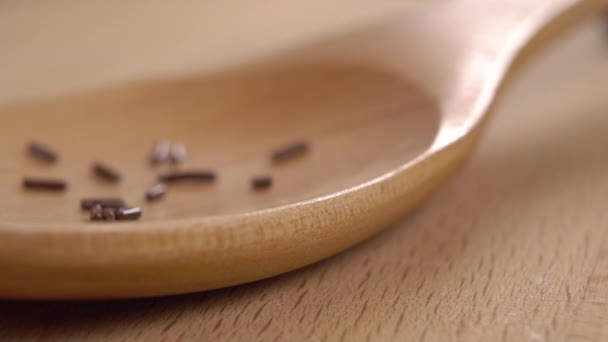ダークチョコレートのスプリンクルは木製のスプーンに落ち ゆっくりとした動きで木製の表面上に散布されます マクロショット ベルミチェリ形 — ストック動画