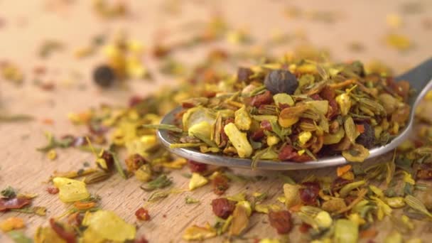 Full Metal Spoon Spicy Seasoning Mix Hot Condiment Seeds Herbs — Stock Video