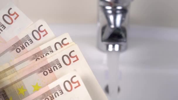 Euro Banknotes Running Water Bathroom Faucet Blur Cost Calculation Rate — Video