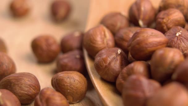 Full Wooden Spoon Peeled Fresh Hazelnuts Macro Falling Nuts Slow — Vídeo de Stock