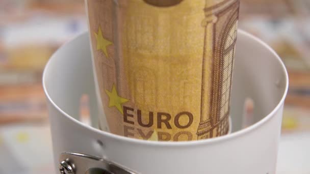 European Banknote Taken White Electric Lamp Euro Money Symbol Close — Vídeo de Stock