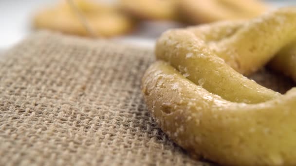 Homemade Biscuits Sprinkled Sugar Rustic Burlap Macro Dolly Shot — Stock Video