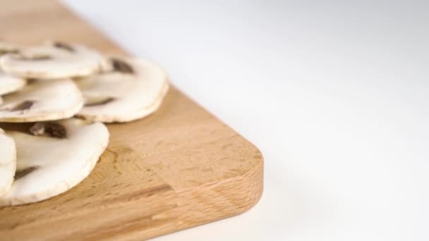 Sliced Edible Champignon Mushroom Wooden Cutting Board Falling Slice Slow — Stock Video