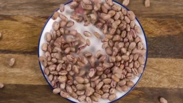 Raw Red Beans Borlotti Pinto Cranberries Falling Plate Wooden Table — Stock Video