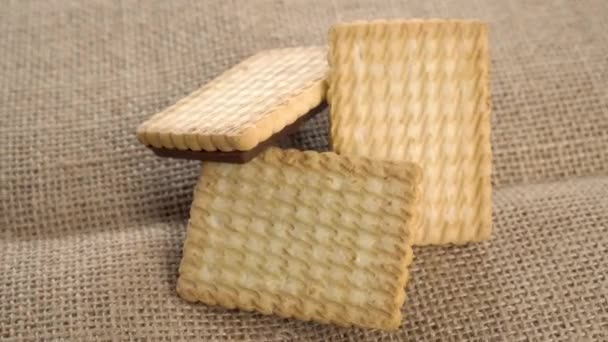 Three Stacked Shortbread Cookies Rustic Rough Sackcloth Close Rotation — Stock Video