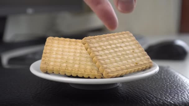 Computer Freelance Workplace Shortbread Cookies Saucer Hand Puts Cracker Heap — Stock Video