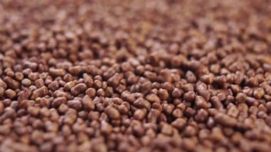 Kızarmış soba karabuğday çayı. Geleneksel bir Japon içkisinin düşen kahverengi tanecikleri. Döndürme. Makro atış. Yavaş çekim