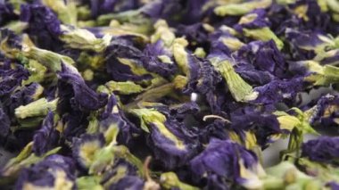 Kelebek çayı. Mavi kurutulmuş klitoria ternatea çiçekleri. Makro. Döndürme