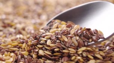 Yavaş çekimde kaşıktan keten ve chia tohumları dökülüyor. Makro. Dolly vurdu. Doğal Tamamlayıcı Omega 3 kavramı