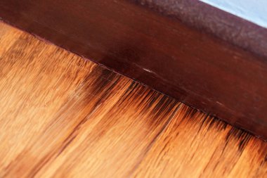 Rutubetli bir odada ahşap süpürgeliklerle çürümüş lamine zemin. Çürümüş madde.