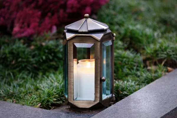 Grave Lantern Made Metal Burning Candle Grave — Stock Photo, Image