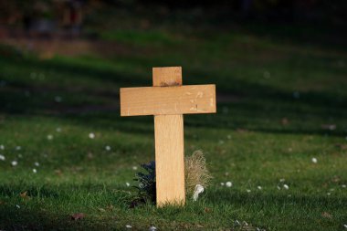 Minimalist ahşap haç, yemyeşil bir çimenlikte gömülü, kederi, inancı ve huzurlu bir mezarlığı simgeliyor.