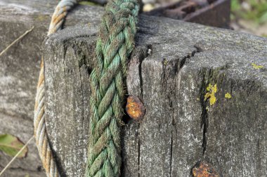 yeşil naylon ip Eski ahşaba bağlanmış