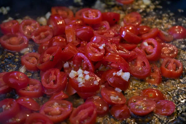 Cherry Tomatoes Fried Olive Oil — Stock Photo, Image