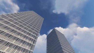 Arka planda mavi bulutlu gökyüzü ile 3D mimari şekillerde hareket ediyor