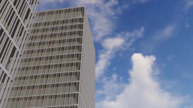 Arka planda mavi bulutlu gökyüzü ile 3D mimari şekillerde hareket ediyor