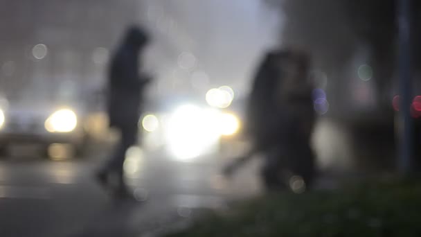 Imágenes Nocturnas Desenfocadas Personas Cruzando Carretera — Vídeo de stock