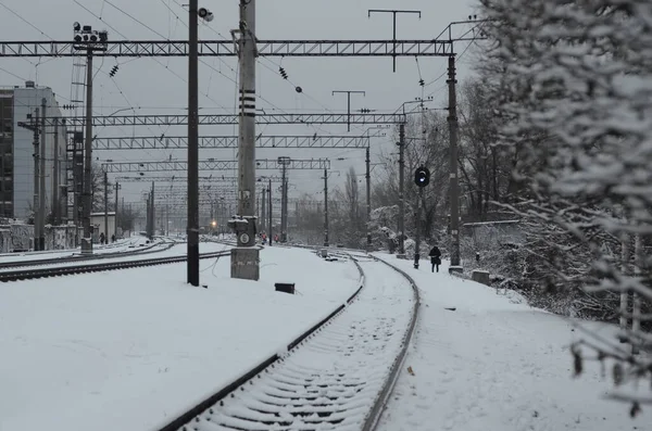 Uitzicht Besneeuwde Spoorweg Scene Met Sporen Bij Schemering — Stockfoto