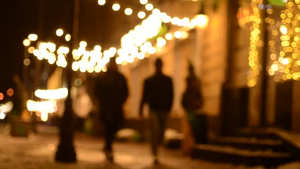 Imágenes Nocturnas Luces Festivas Calle Con Gente Que Camina — Vídeo de stock