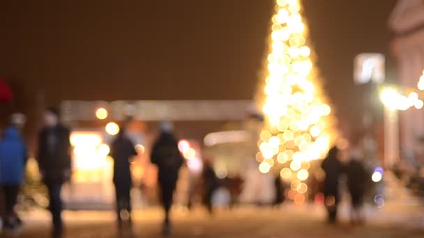 Defocused Footage People Illuminated Fir Tree Christmas Market Kyiv — Stock Video