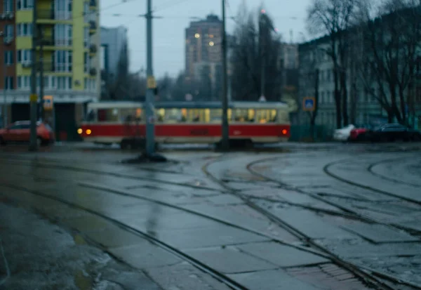 Сутінковий Освітлений Старий Трамвай Рухається Вулиці Київ Україна — стокове фото