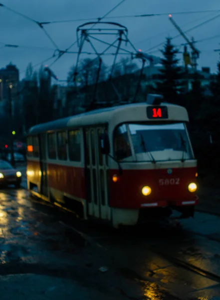 Night Illuminated Old Tram Moving Street Kyiv Ukraine — Stock Photo, Image