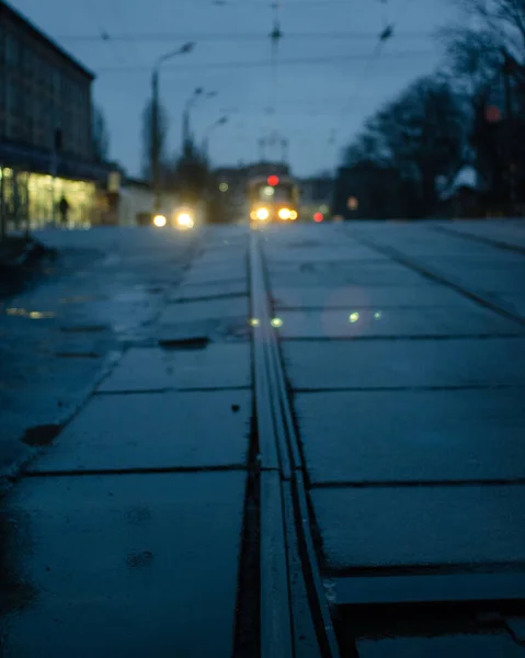 View Tram Rails Illuminated Wet Asphalt — Stock Photo, Image