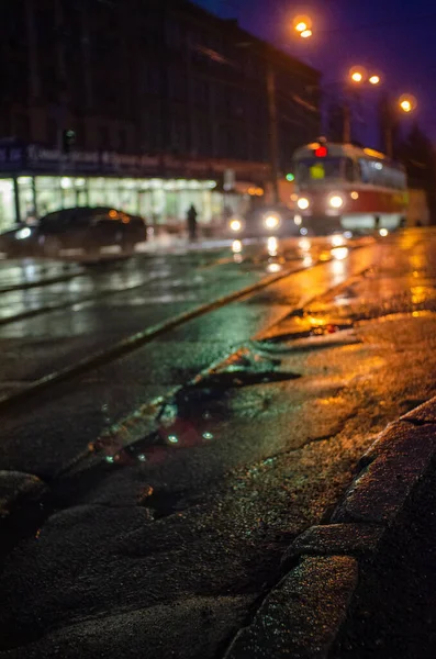 Aydınlatılmış Islak Asfalt Üzerindeki Tramvay Raylarının Görüntüsü — Stok fotoğraf