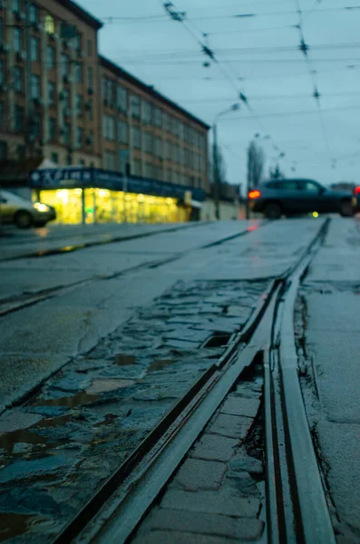 Aydınlatılmış Islak Asfalt Üzerindeki Tramvay Raylarının Görüntüsü — Stok fotoğraf