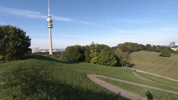青空の下の緑と塔の緑豊かな緑の公園のシーン — ストック動画
