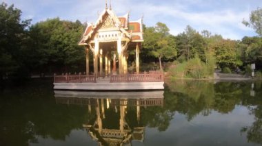 Japon çardağının güneş ışığında havuz üzerindeki görüntüleri.