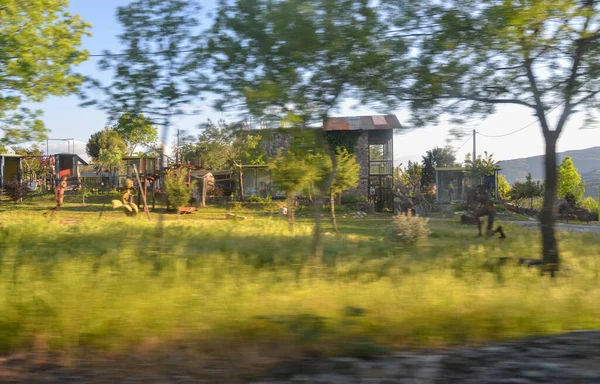 Blurred View Car Window Village Scene — Foto de Stock