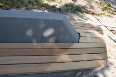 wooden bench in park, sunny scene