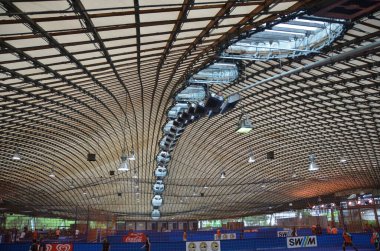 modern tennis court scene, ceiling construction view