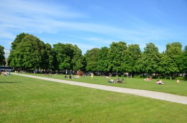beautiful view of green park with resting people on grass