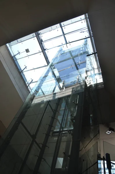 Low Angle View Glass Elevator Cloudy Sky Seen — Φωτογραφία Αρχείου